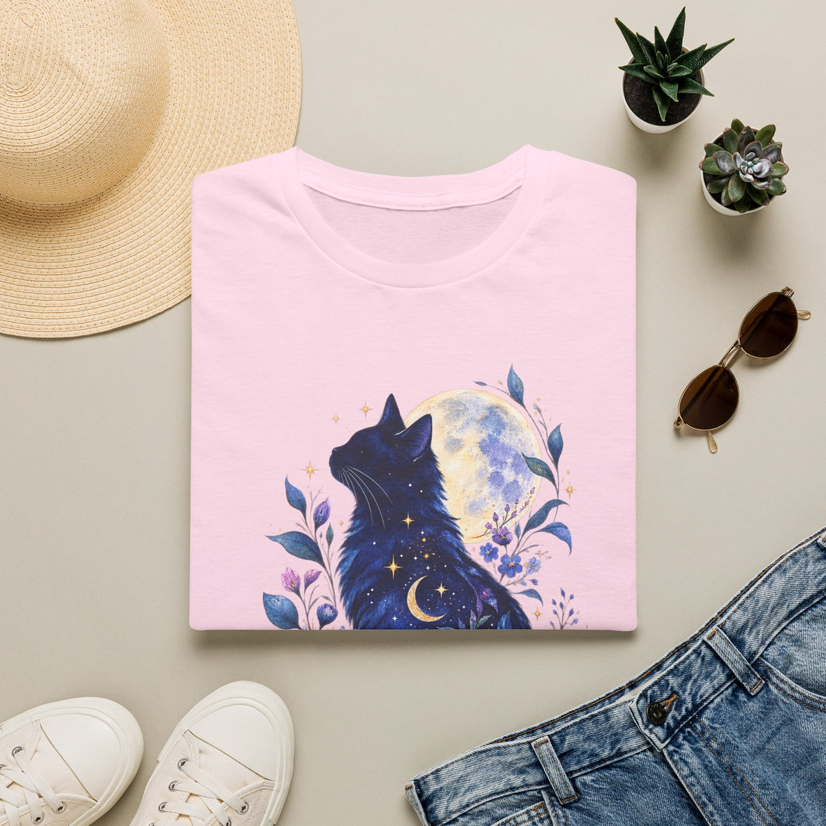 Moonlit Cat T-Shirt — Night Sky Floral Cat Silhouette Tee