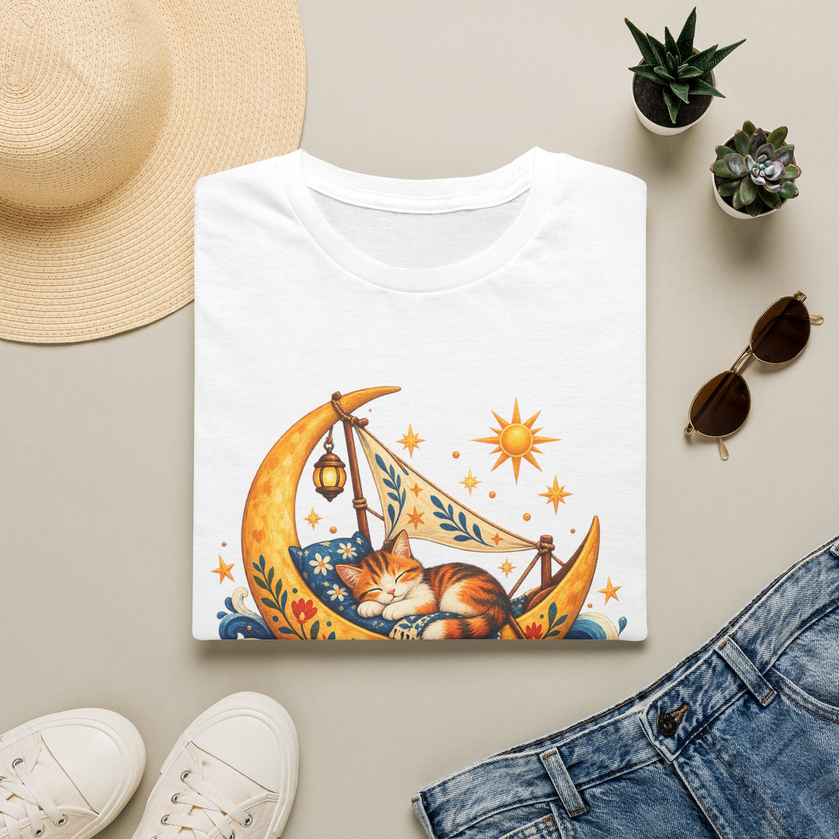 Cat on Crescent Moon T-Shirt — Whimsical Sleepy Cat Boho Tee
