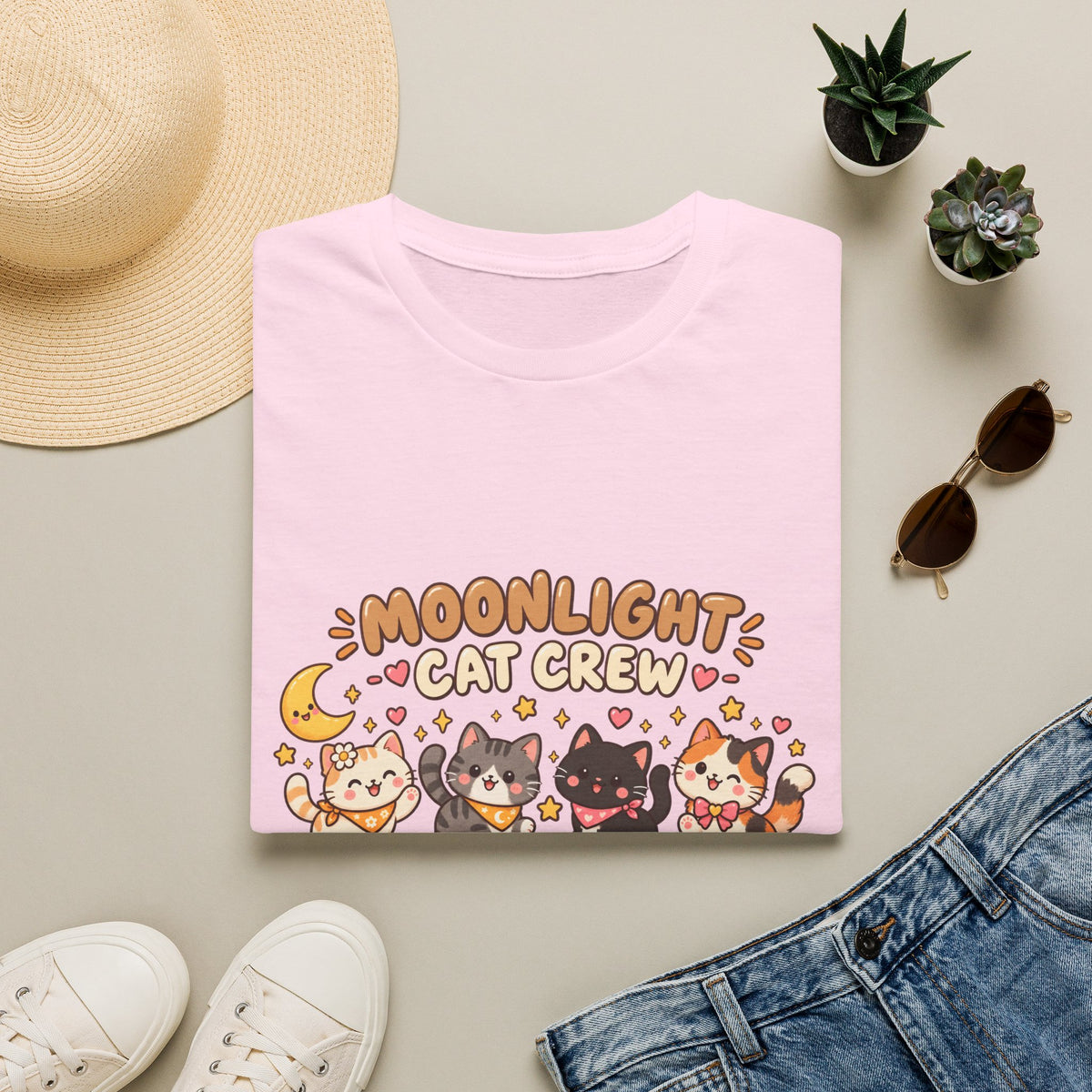 Moonlight Cat Crew T-Shirt — Cute Kawaii Cat Graphic Tee