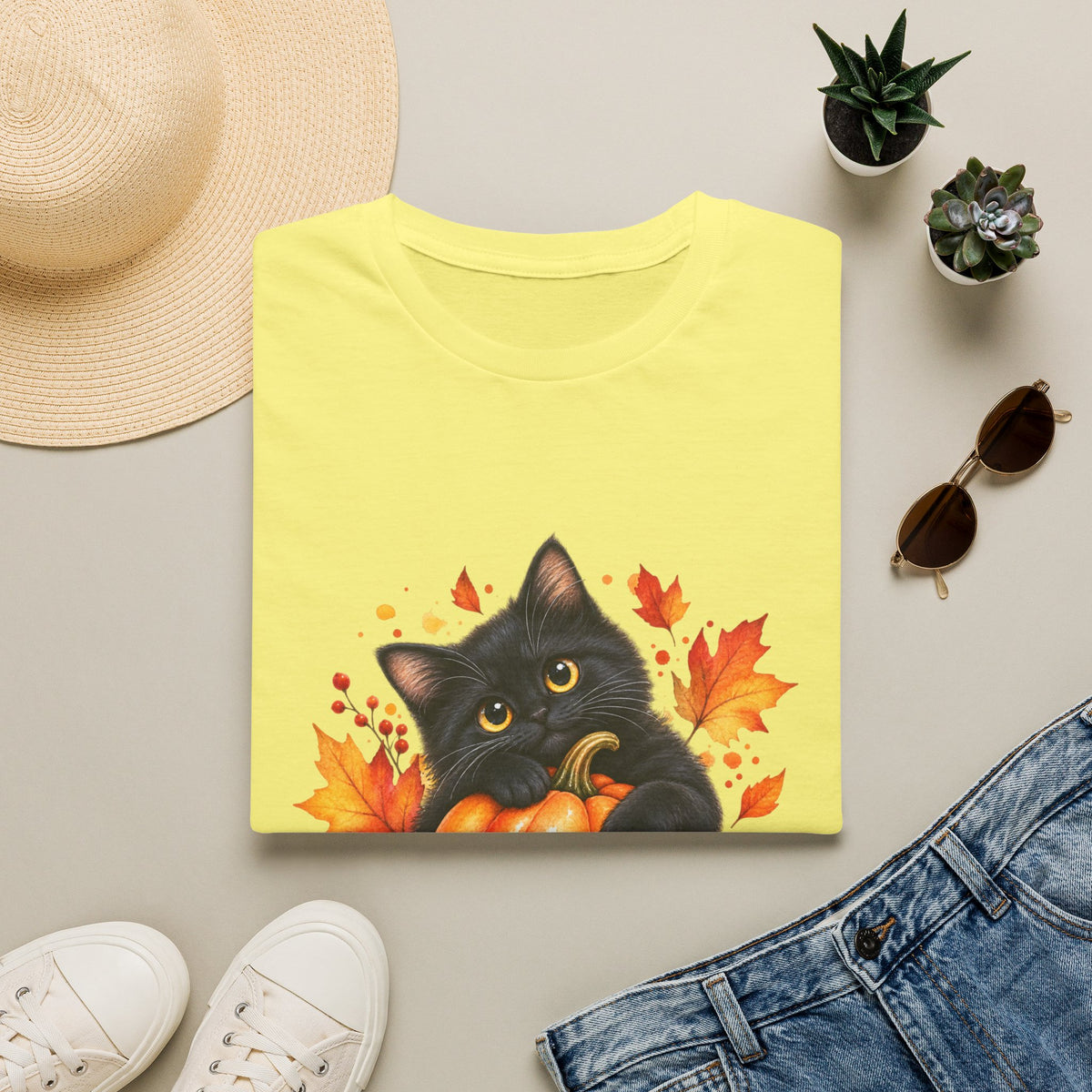 Black Cat Pumpkin T-Shirt — Cute Fall Halloween Tee with Autumn Leaves