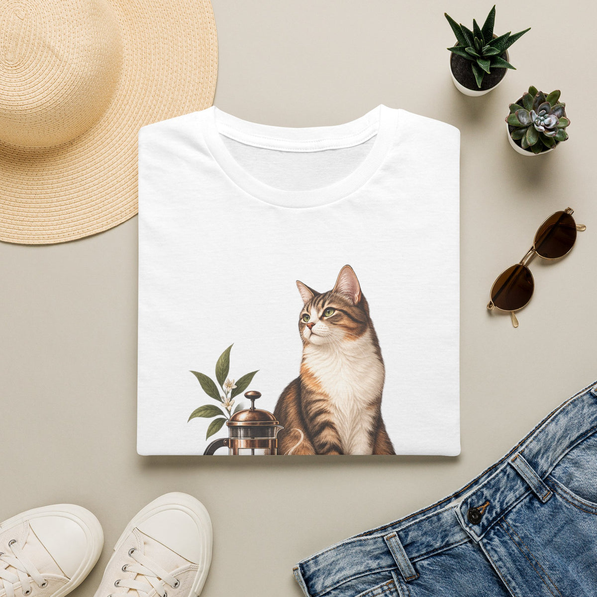 Cat & French Press T-Shirt — Cozy Coffee Lover Cat Tee