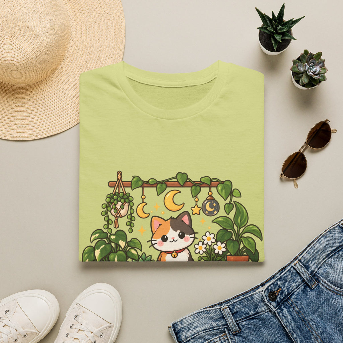 Plant Mom Cat T-Shirt — Calico Cat Among Houseplants with 'Plant Stuff + Gratitude' Design
