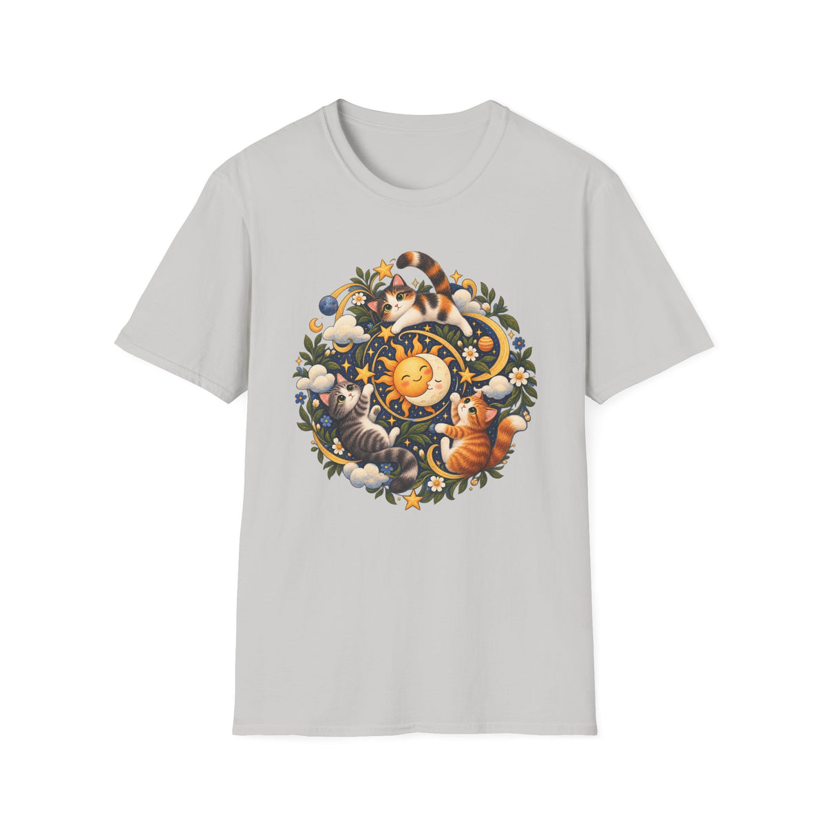 Celestial Cat Graphic Tee — Sun, Moon & Floral Vintage-Inspired T-Shirt