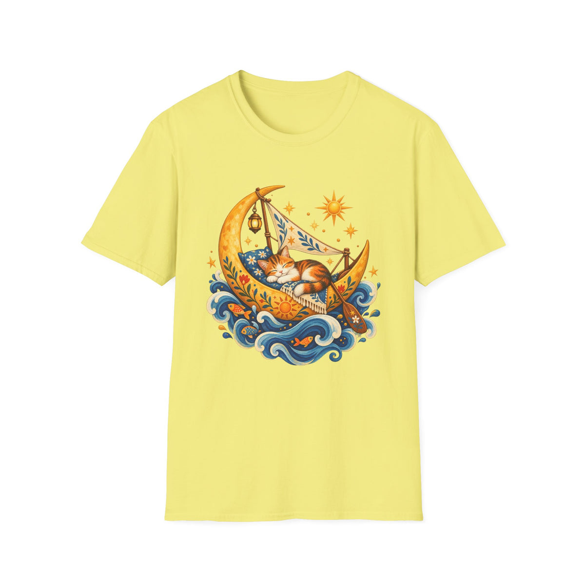 Cat on Crescent Moon T-Shirt — Whimsical Sleepy Cat Boho Tee