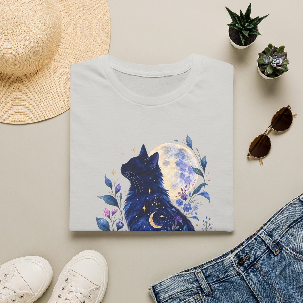 Moonlit Cat T-Shirt — Night Sky Floral Cat Silhouette Tee