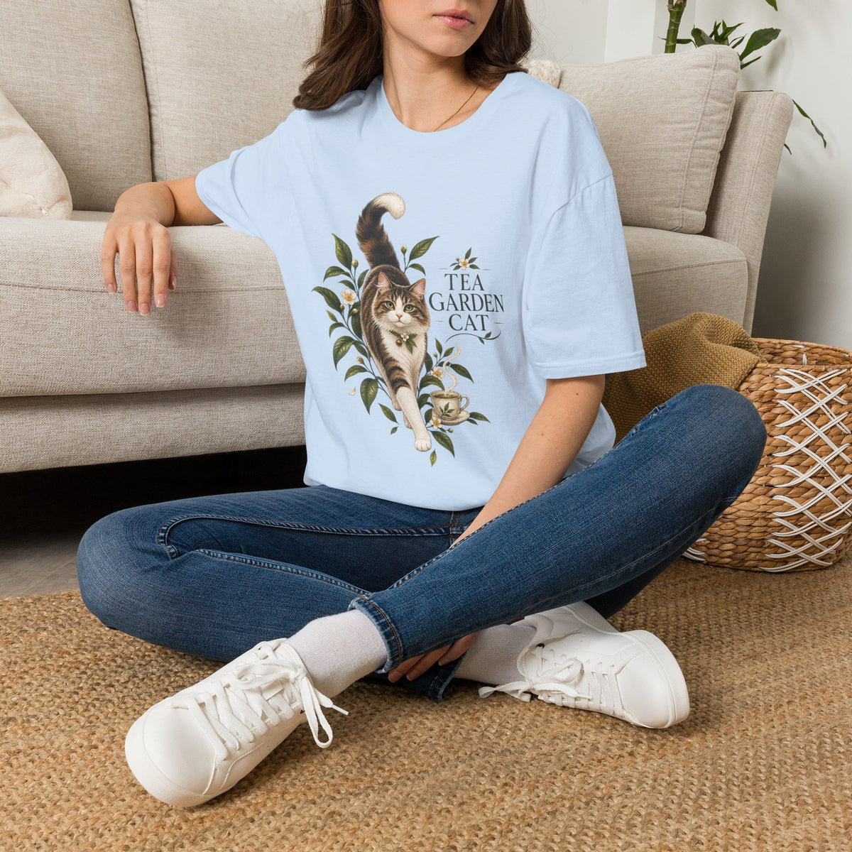 Tea Garden Cat T-Shirt — Cute Floral Cat Illustration Tee