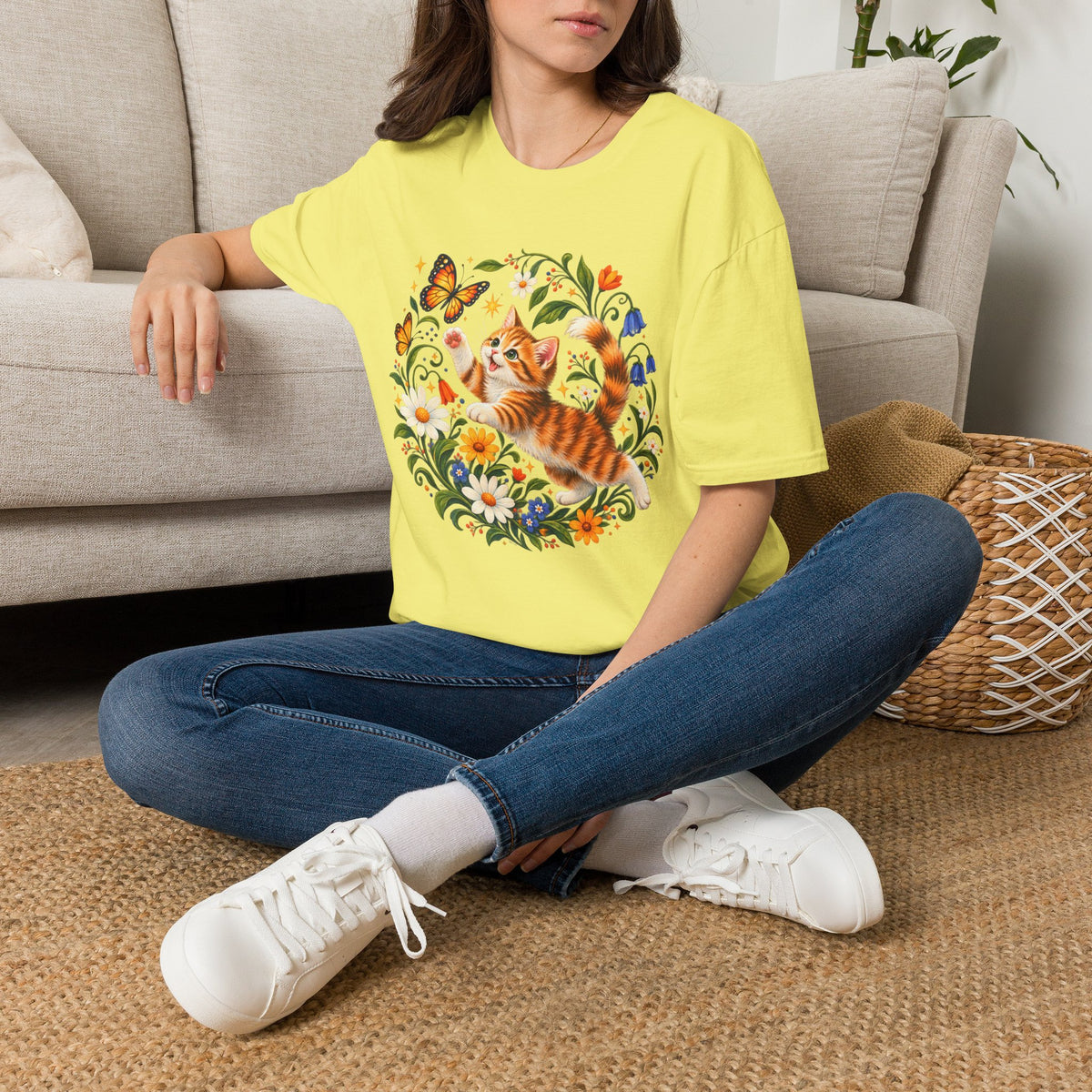 Cat and Butterflies T-Shirt — Whimsical Floral Kitten Tee
