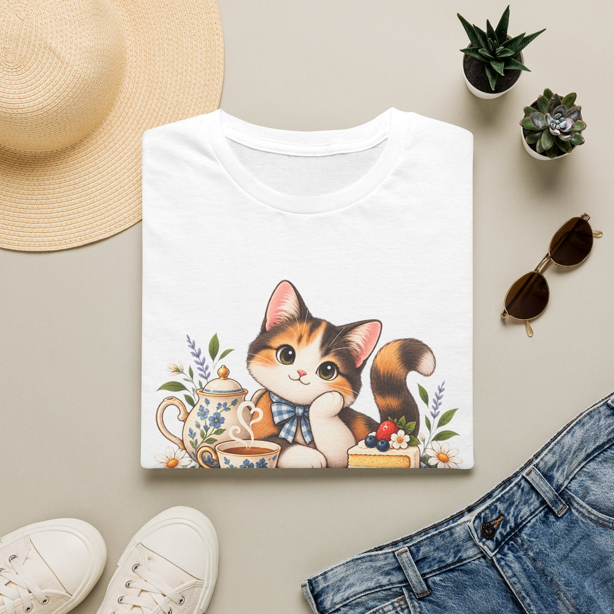 Tea Cake Cat T‑Shirt — Cute Calico Kitten Tea & Cake Graphic Tee