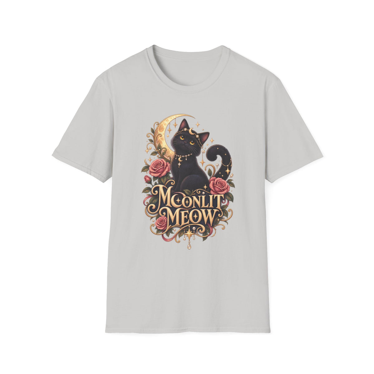 Moonlit Meow T-Shirt — Black Cat with Crescent Moon & Roses