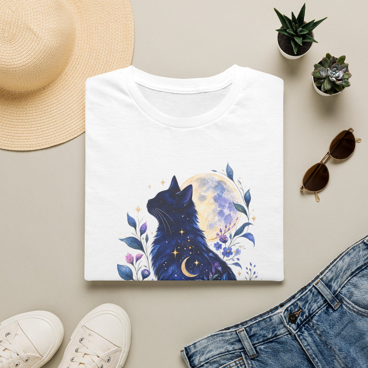 Moonlit Cat T-Shirt — Night Sky Floral Cat Silhouette Tee