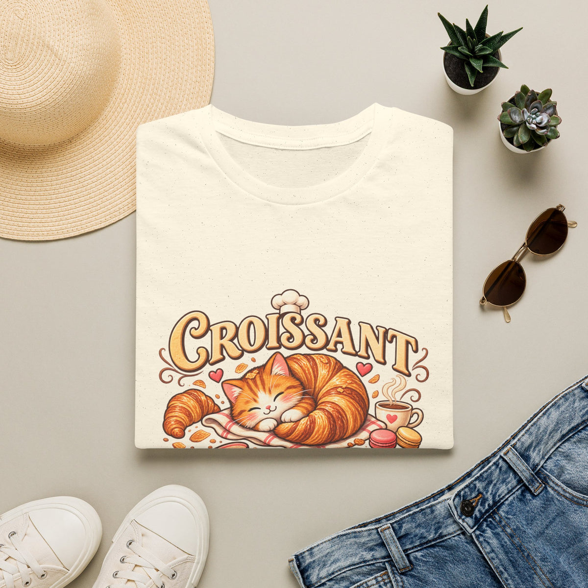 Croissant Cat T-Shirt — Cute Sleeping Cat ‘Croissant Cat Club’ Graphic Tee