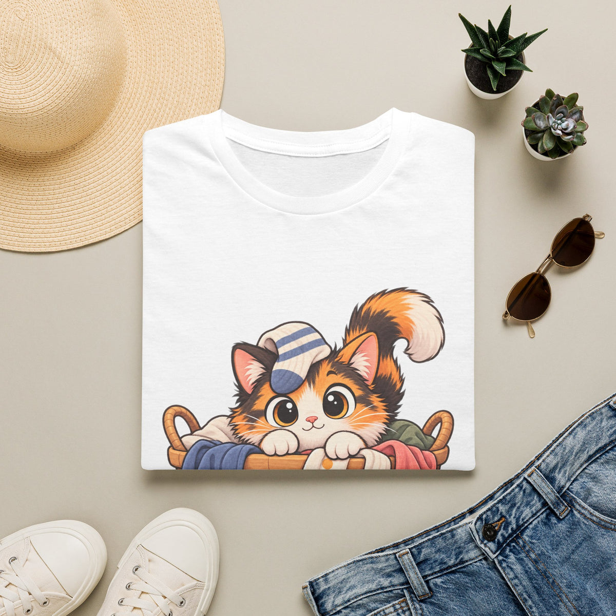 Cute Calico Cat in Laundry Basket T-Shirt