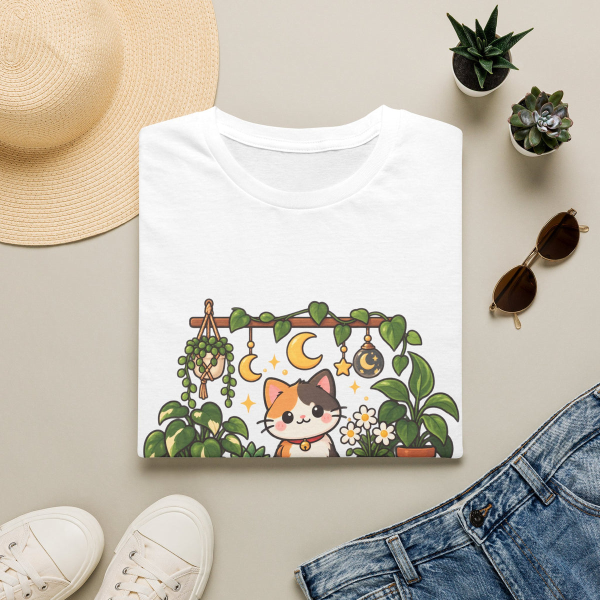 Plant Mom Cat T-Shirt — Calico Cat Among Houseplants with 'Plant Stuff + Gratitude' Design
