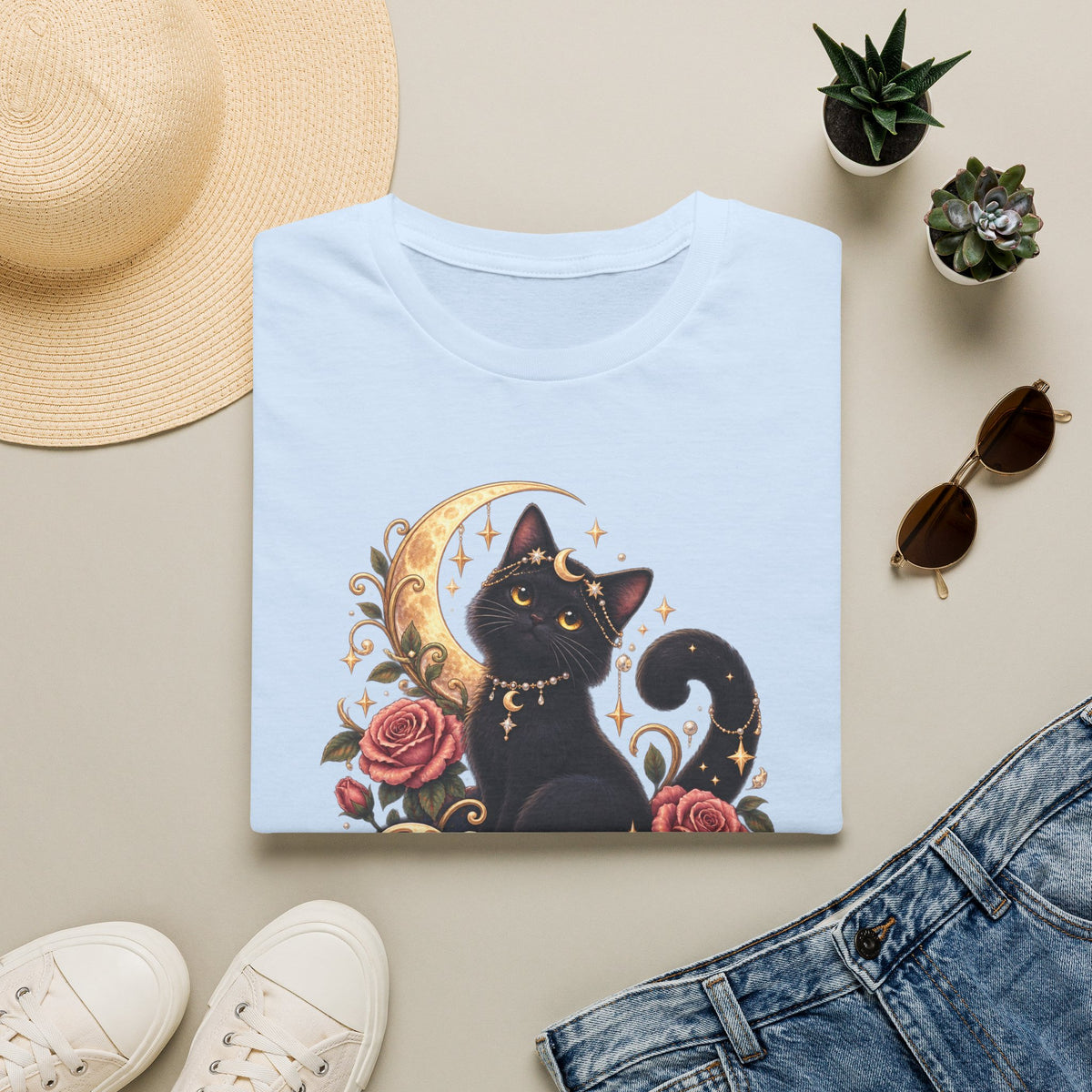 Moonlit Meow T-Shirt — Black Cat with Crescent Moon & Roses