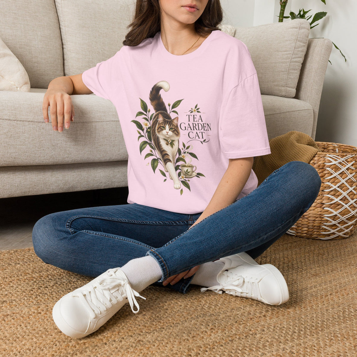 Tea Garden Cat T-Shirt — Cute Floral Cat Illustration Tee