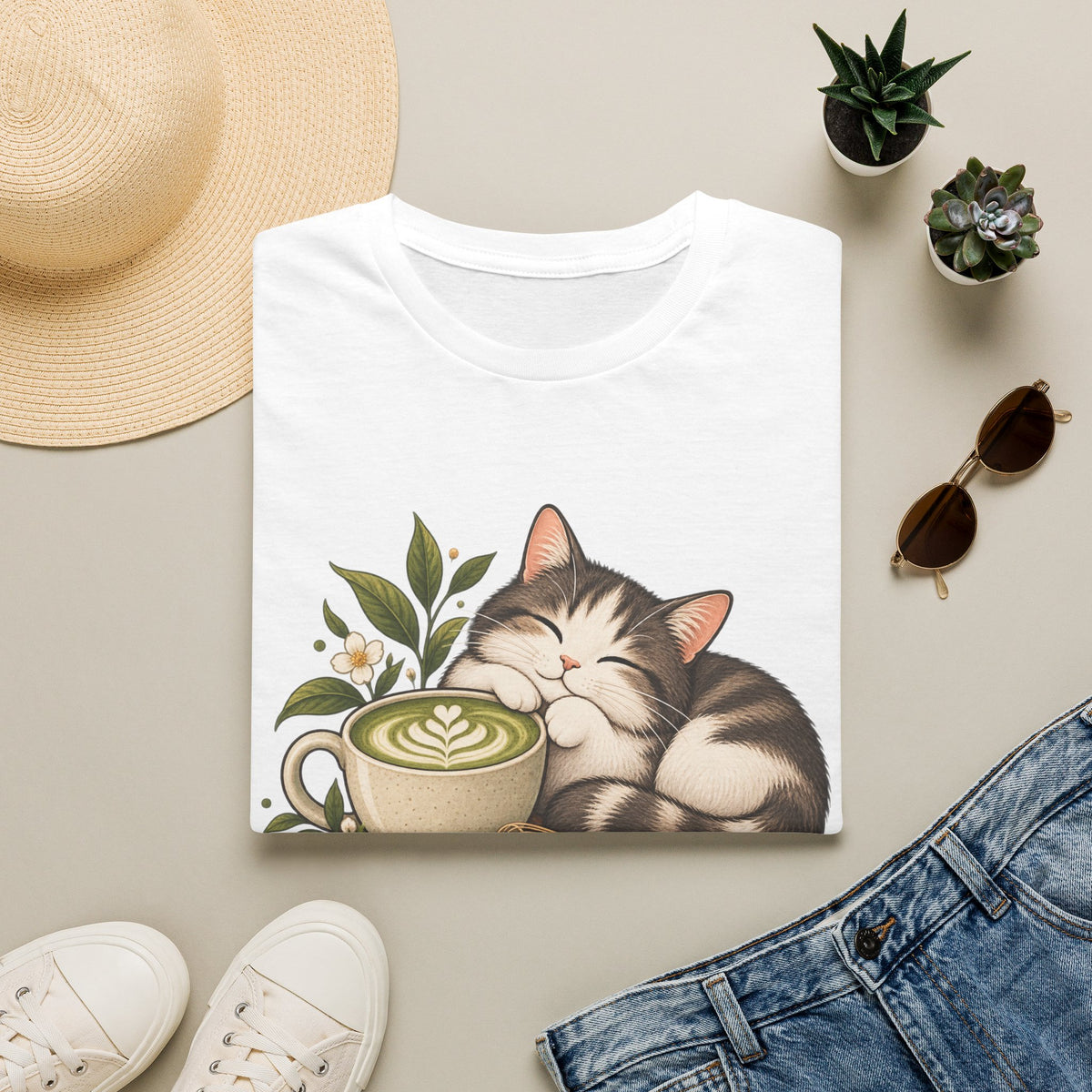 Matcha Mood Cat T-Shirt — Cute Sleeping Cat & Matcha Latte Tee for Tea Lovers