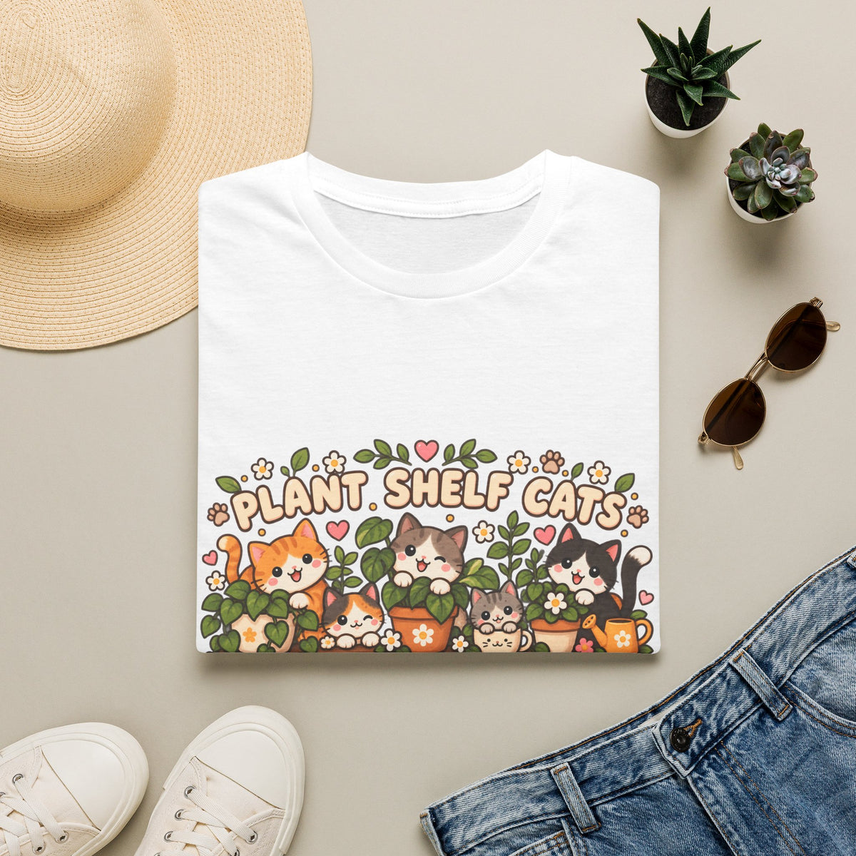 Plant Shelf Cats T-Shirt — Cute Houseplant & Cat Graphic Tee