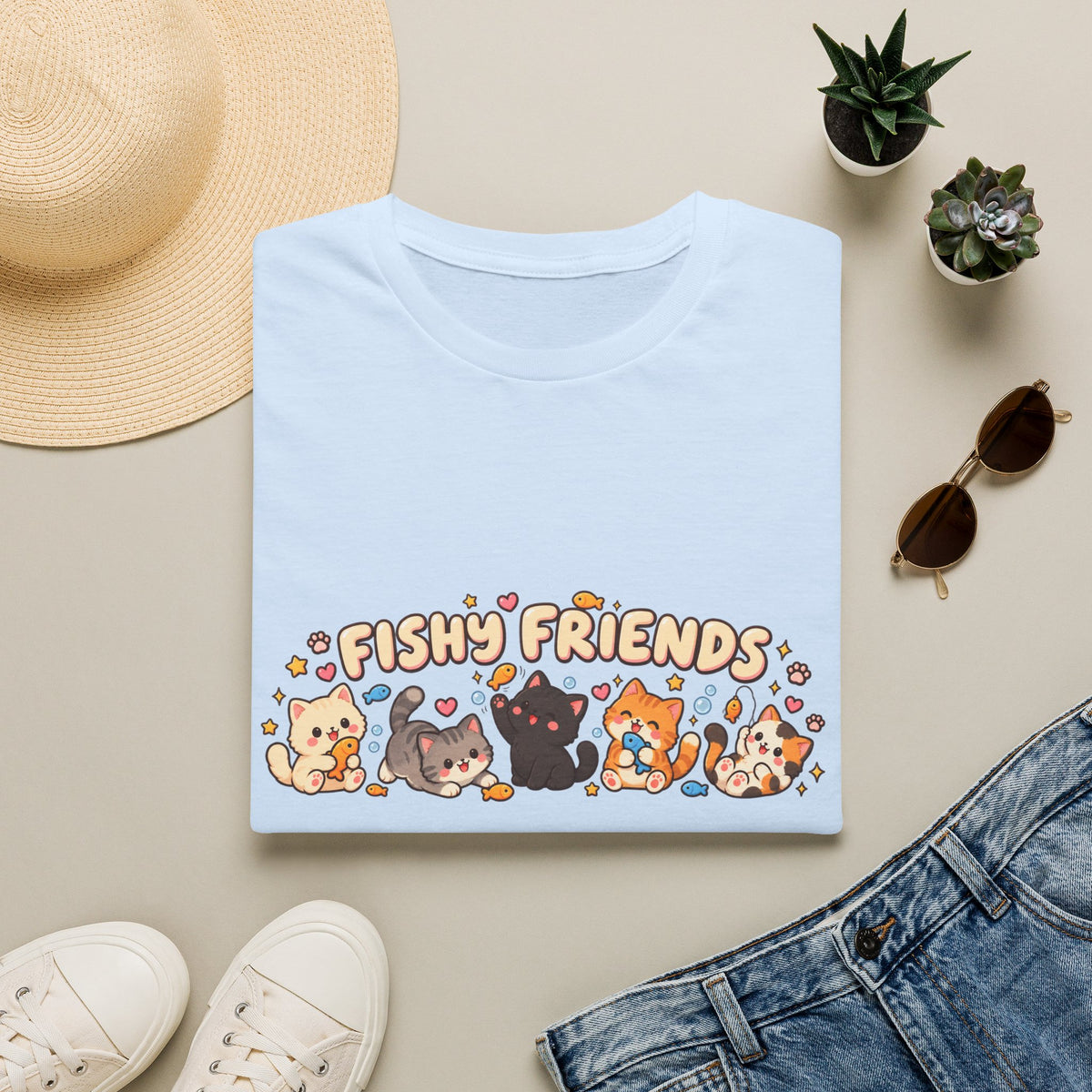 T-Shirt — Cute "Fishy Friends" Cat Graphic Tee | Kawaii Cat Lover Gift