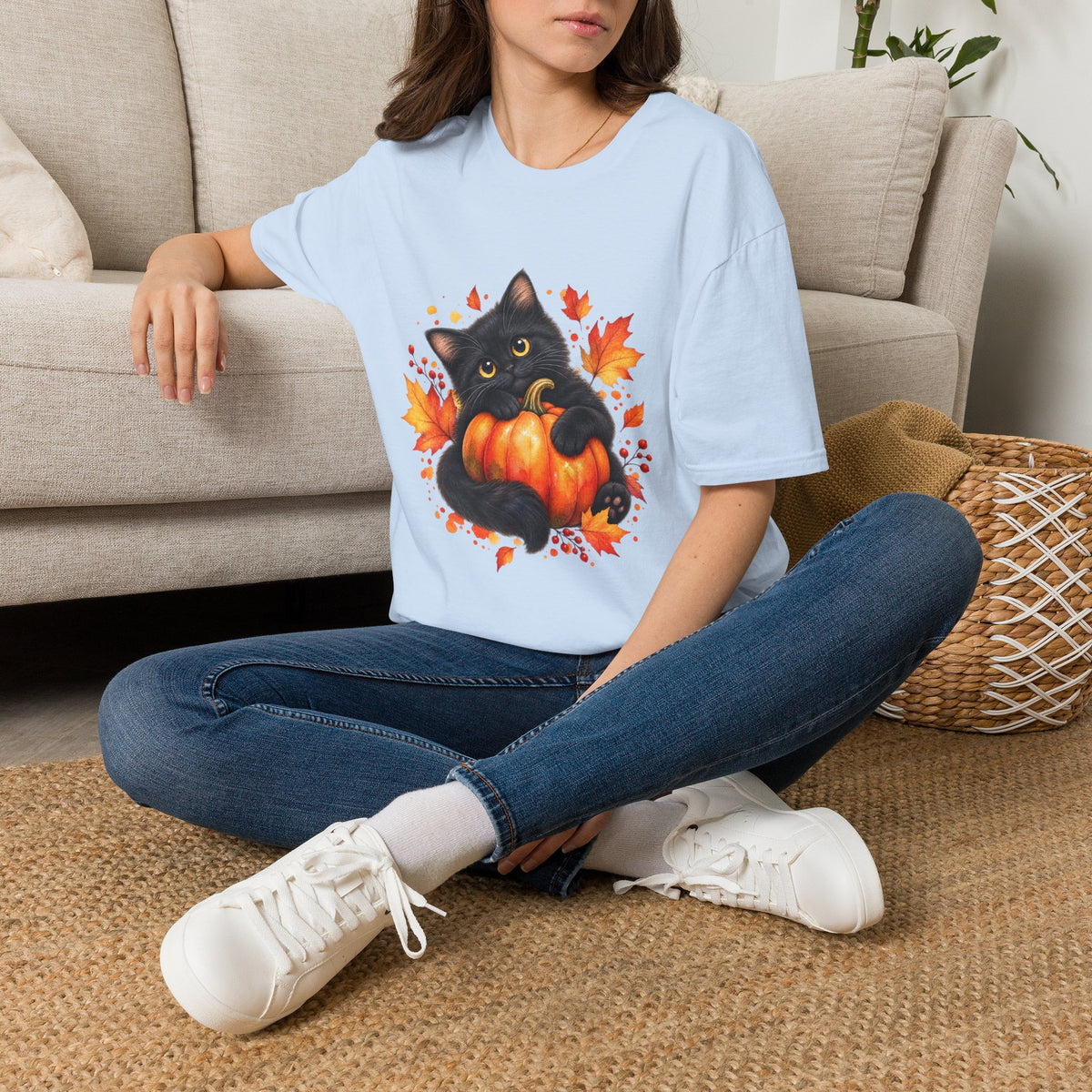 Black Cat Pumpkin T-Shirt — Cute Fall Halloween Tee with Autumn Leaves