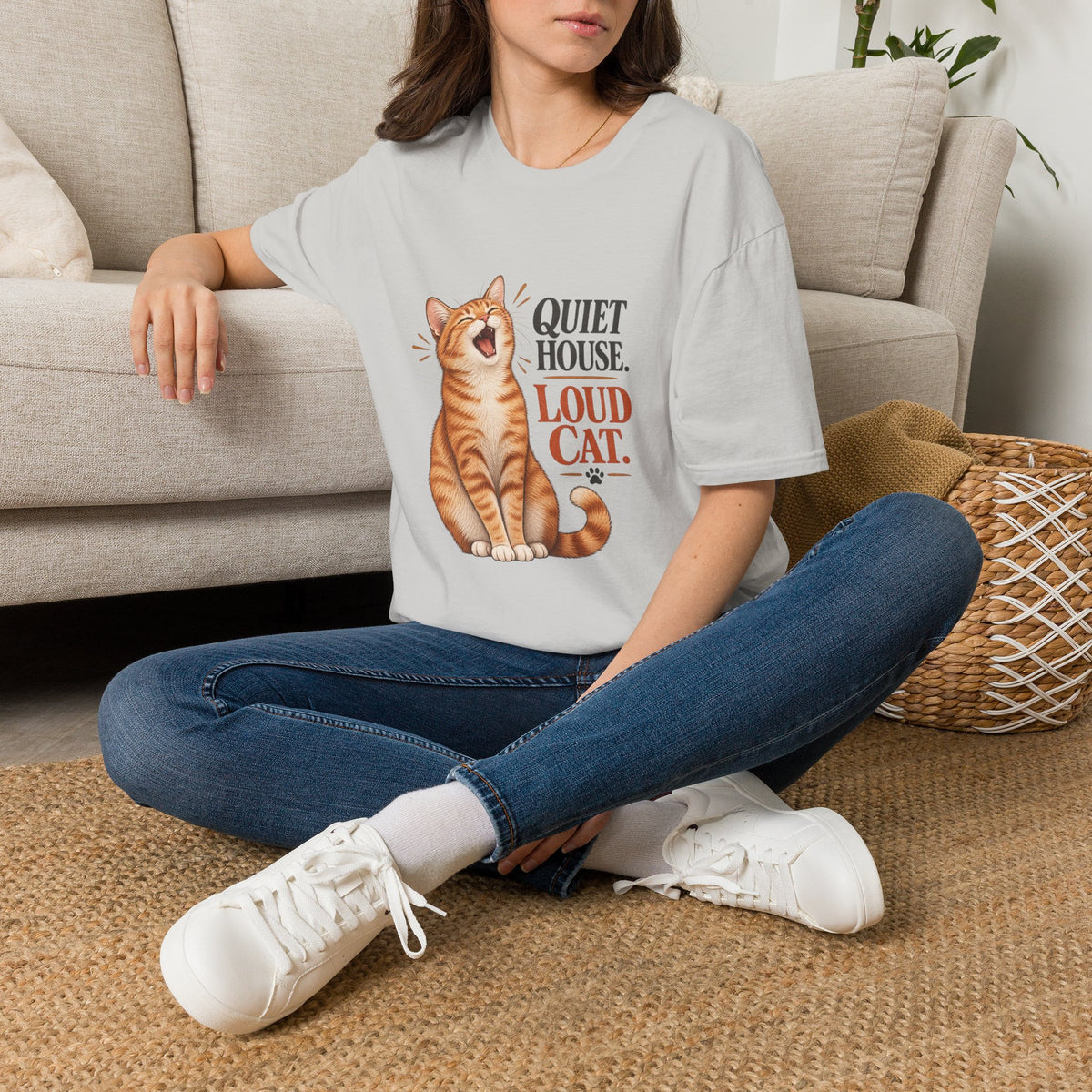 Cat T-Shirt — "Quiet House. Loud Cat." Cute Yawning Tabby Graphic Tee for Cat Lovers