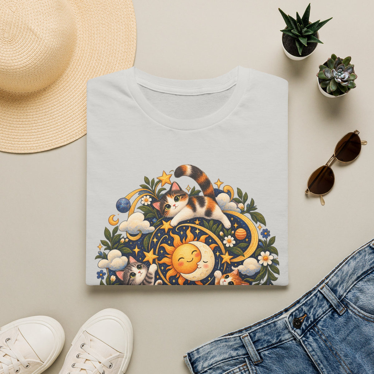Celestial Cat Graphic Tee — Sun, Moon & Floral Vintage-Inspired T-Shirt