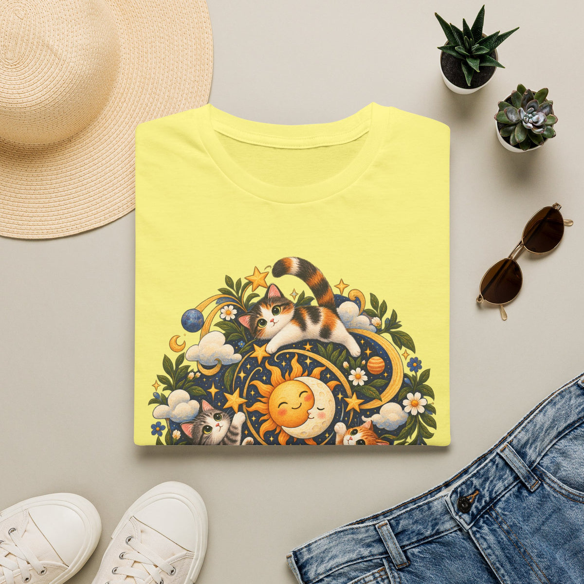 Celestial Cat Graphic Tee — Sun, Moon & Floral Vintage-Inspired T-Shirt