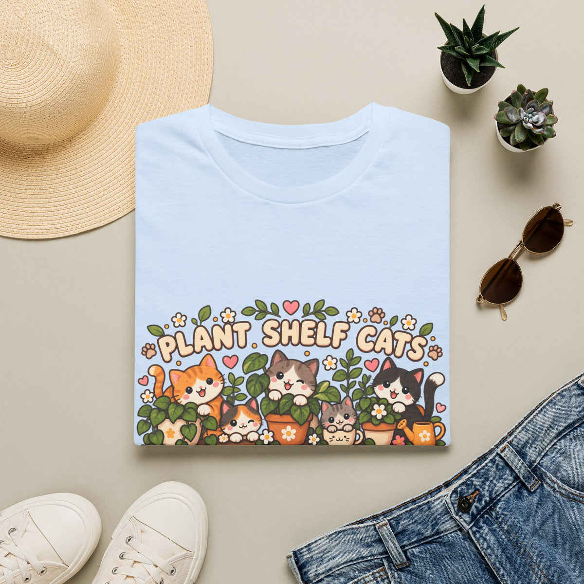 Plant Shelf Cats T-Shirt — Cute Houseplant & Cat Graphic Tee