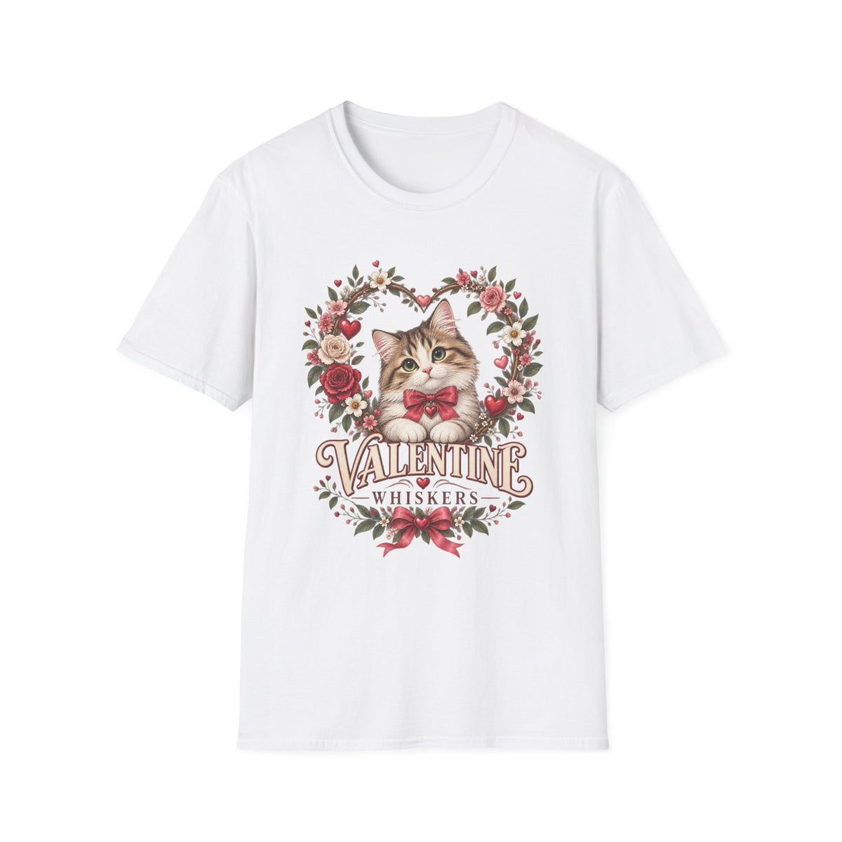 Valentine Cat T-Shirt – 'Valentine Whiskers' Floral Heart Kitten Tee