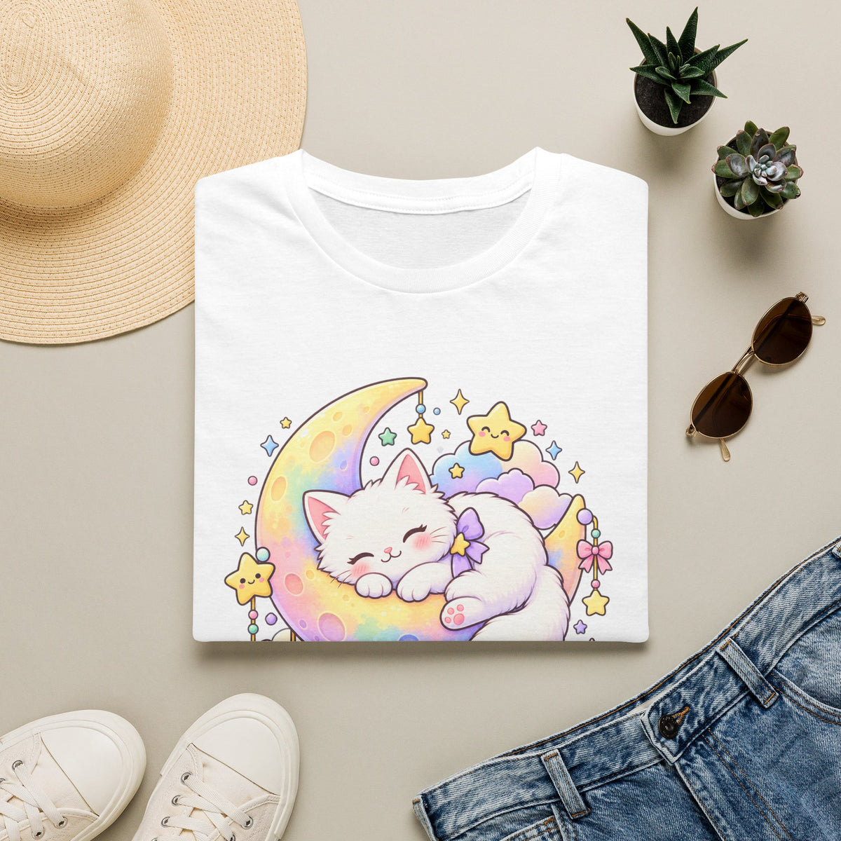 Moon Cat T-Shirt — Cute Sleeping Kitty on Crescent Moon