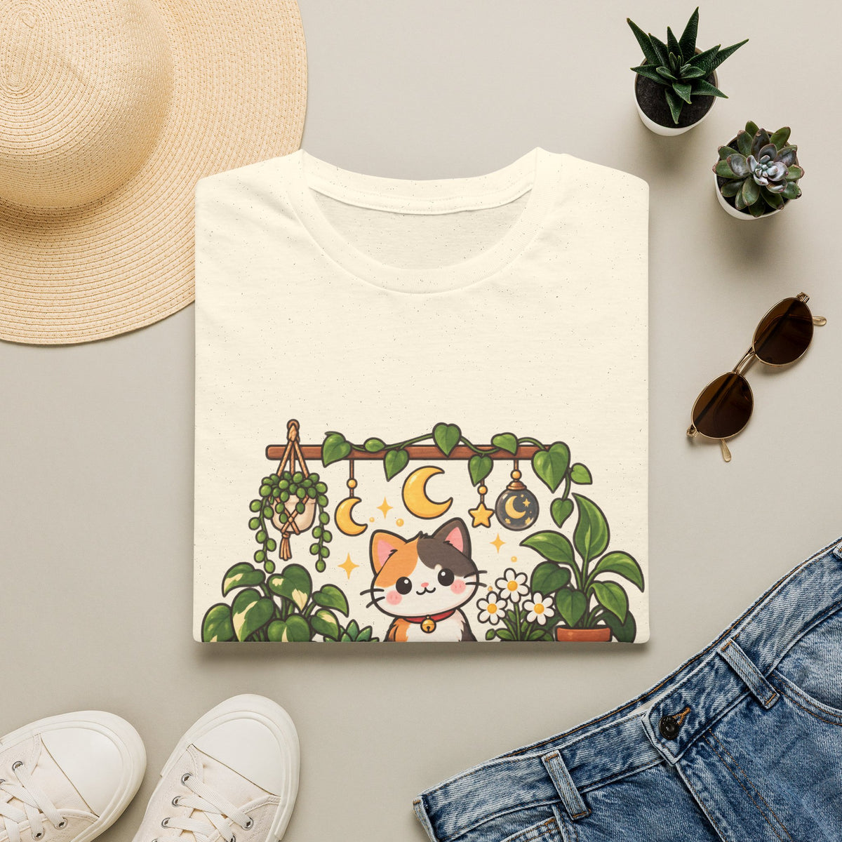 Plant Mom Cat T-Shirt — Calico Cat Among Houseplants with 'Plant Stuff + Gratitude' Design