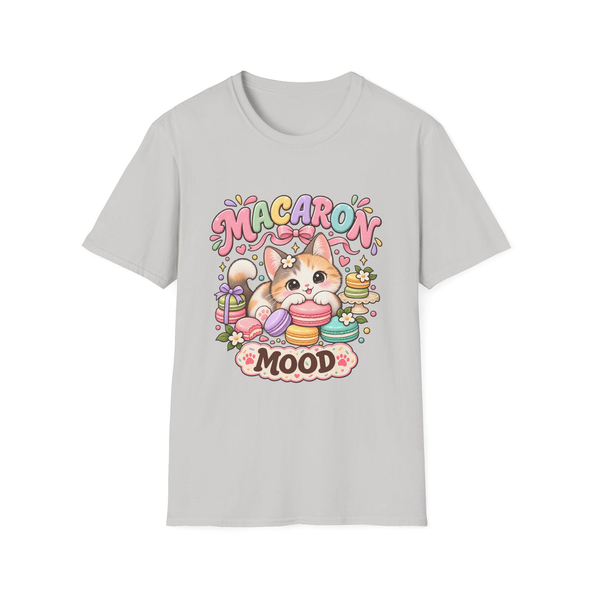Macaron Mood T‑Shirt — Cute Kawaii Cat with Macarons Graphic