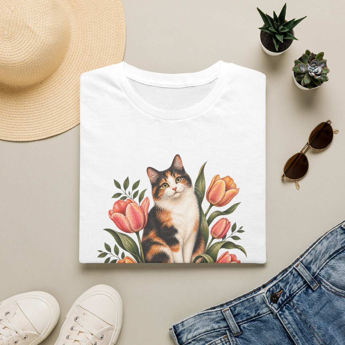 Calico Garden Cat T-Shirt — Floral Cat Lover Tee