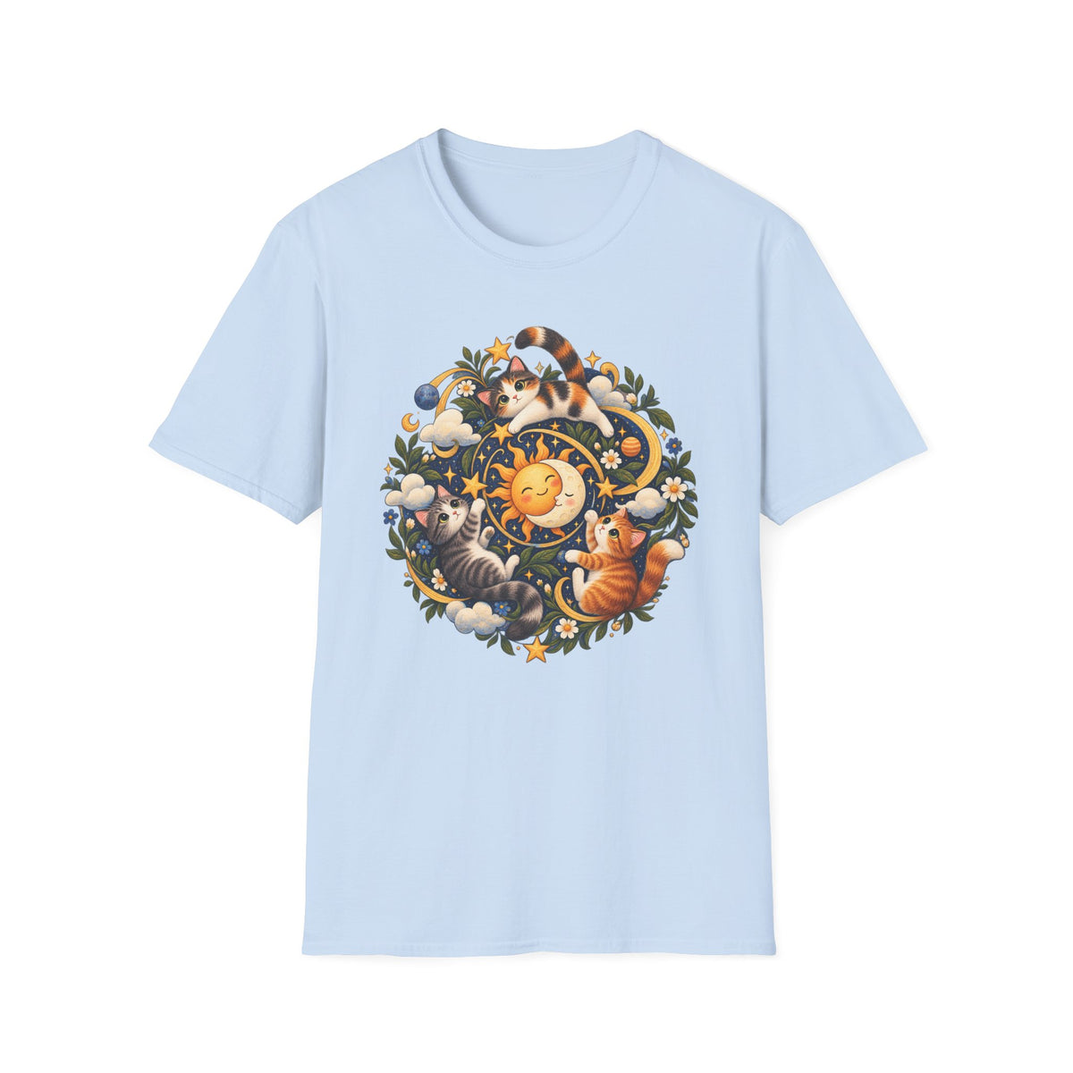 Celestial Cat Graphic Tee — Sun, Moon & Floral Vintage-Inspired T-Shirt