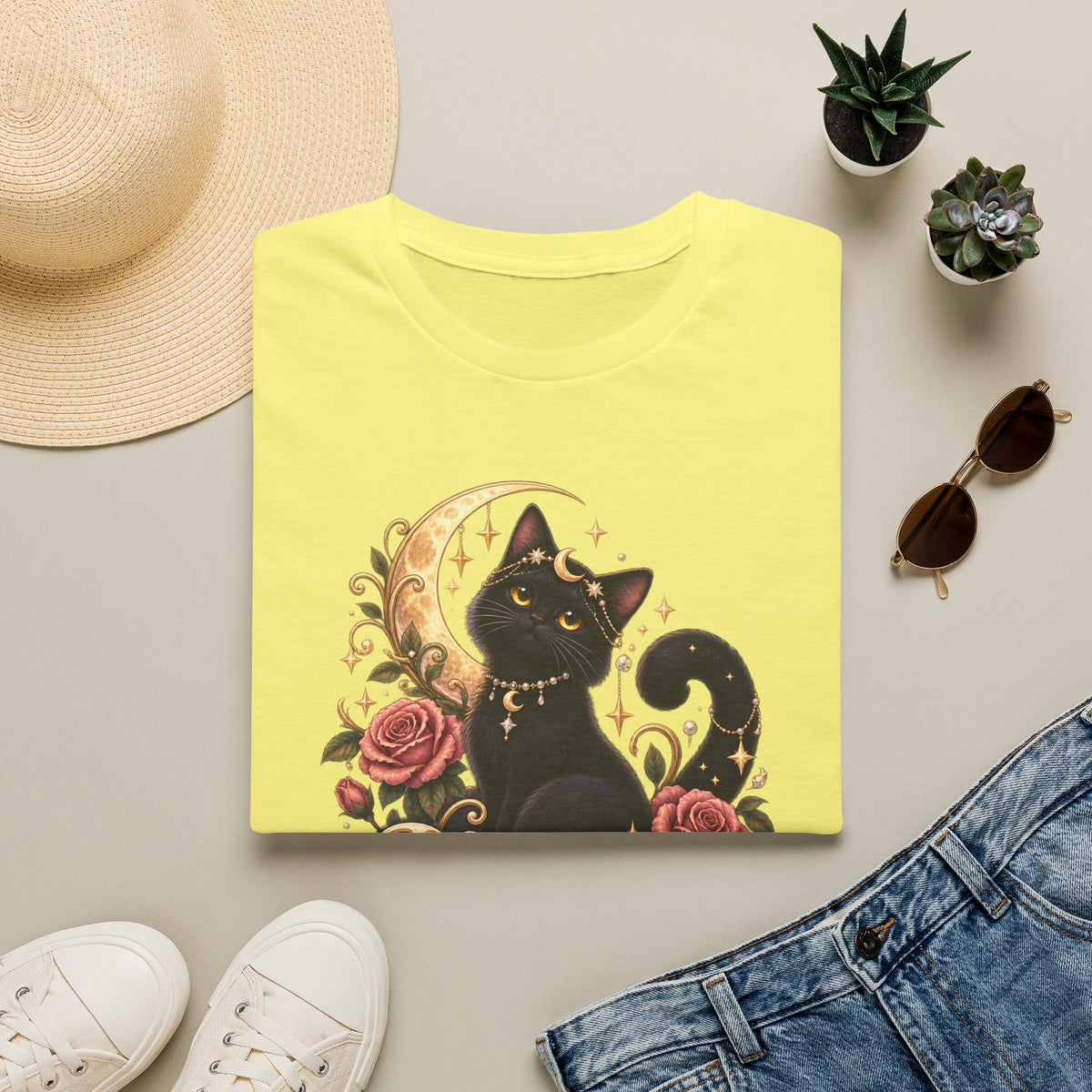 Moonlit Meow T-Shirt — Black Cat with Crescent Moon & Roses