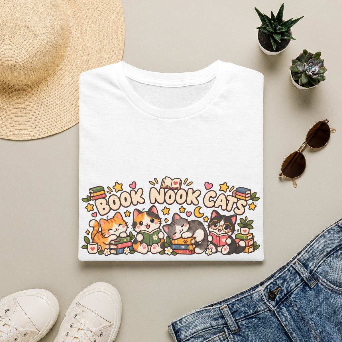 Book Nook Cats T-Shirt — Cute Reading Cat Graphic Tee for Book Lovers