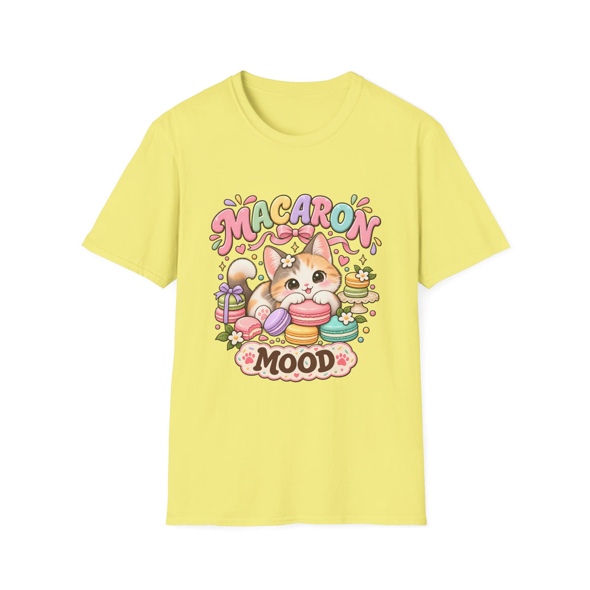 Macaron Mood T‑Shirt — Cute Kawaii Cat with Macarons Graphic