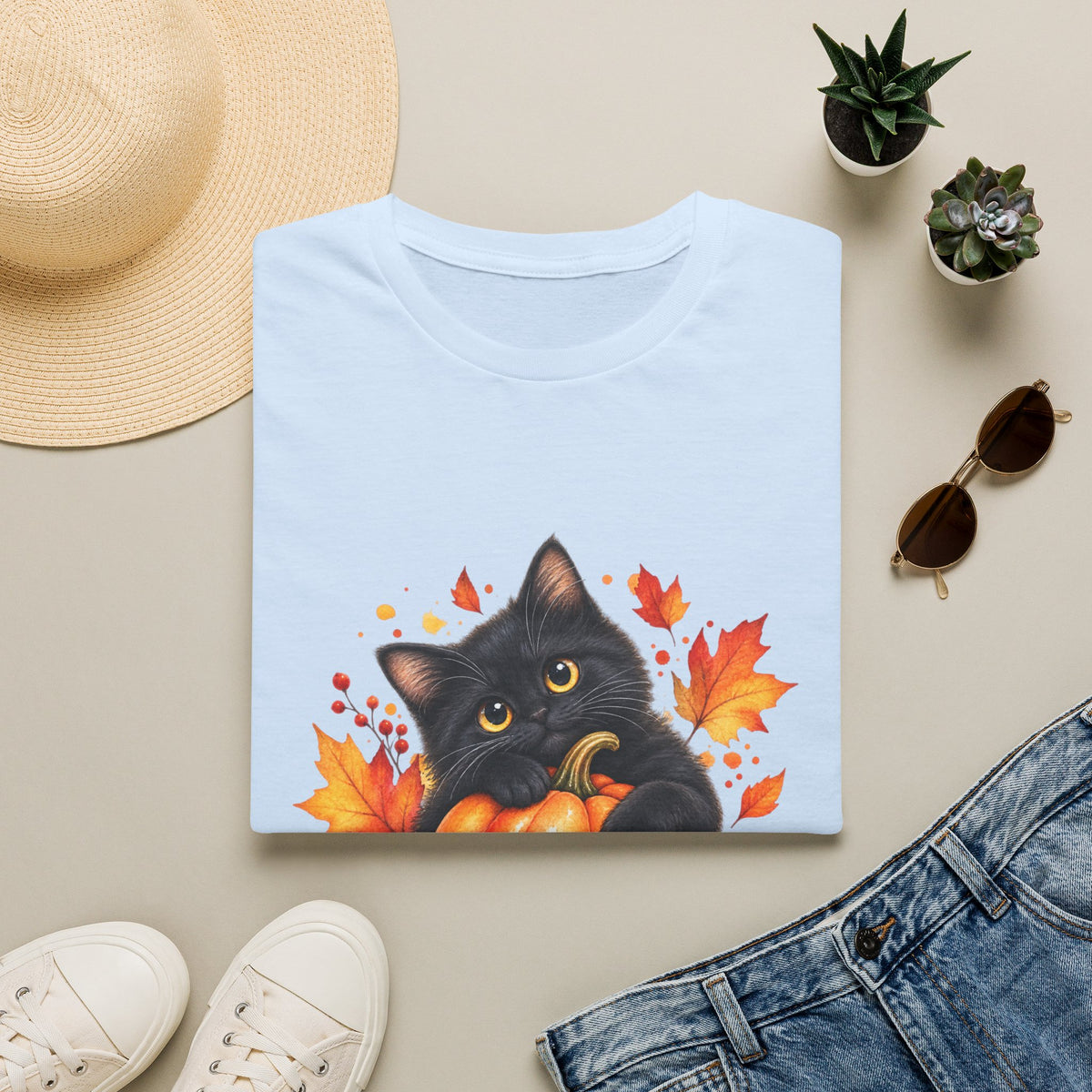 Black Cat Pumpkin T-Shirt — Cute Fall Halloween Tee with Autumn Leaves