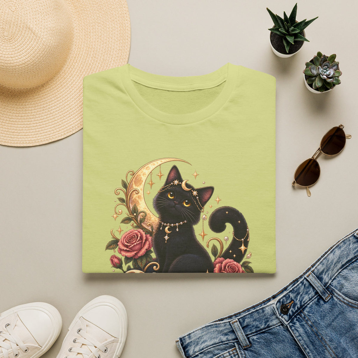 Moonlit Meow T-Shirt — Black Cat with Crescent Moon & Roses