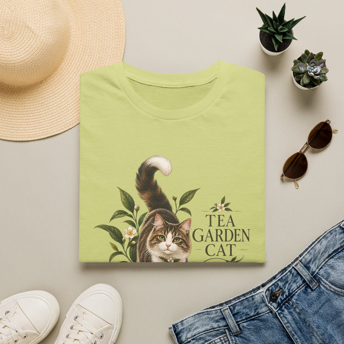Tea Garden Cat T-Shirt — Cute Floral Cat Illustration Tee
