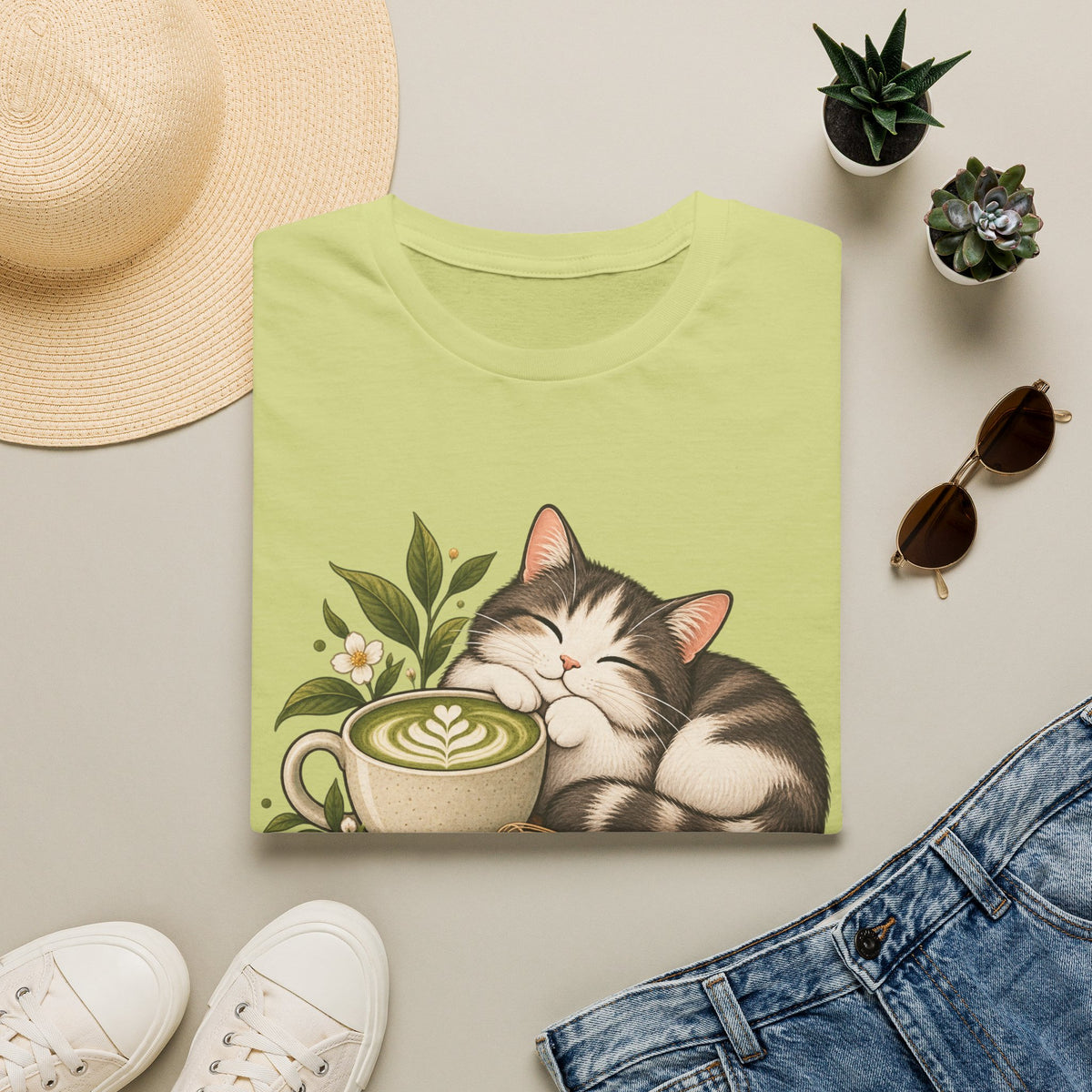 Matcha Mood Cat T-Shirt — Cute Sleeping Cat & Matcha Latte Tee for Tea Lovers