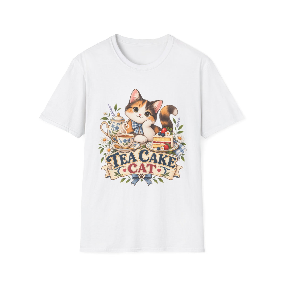 Tea Cake Cat T‑Shirt — Cute Calico Kitten Tea & Cake Graphic Tee
