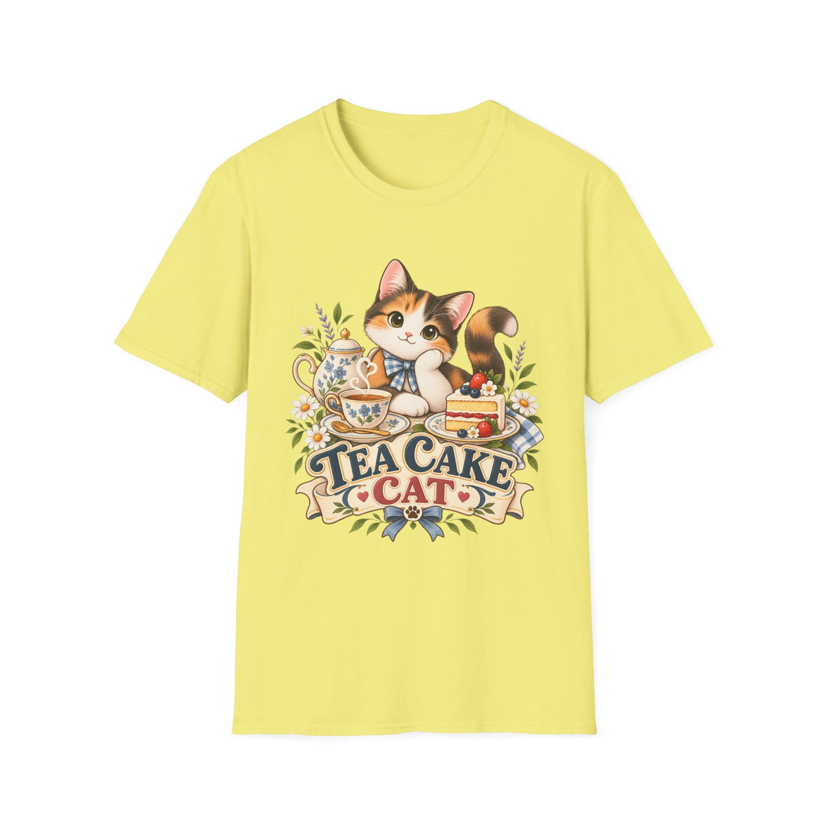 Tea Cake Cat T‑Shirt — Cute Calico Kitten Tea & Cake Graphic Tee