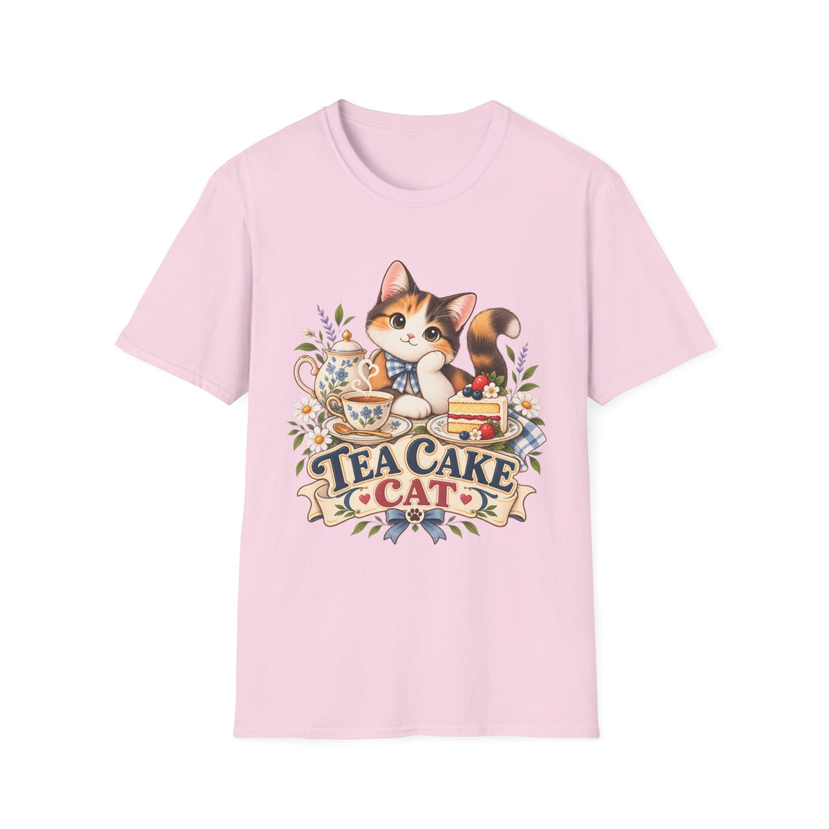 Tea Cake Cat T‑Shirt — Cute Calico Kitten Tea & Cake Graphic Tee