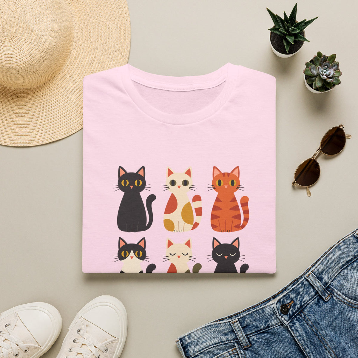 Cat Pattern T‑Shirt — Cute Row of Cartoon Cats Graphic Tee