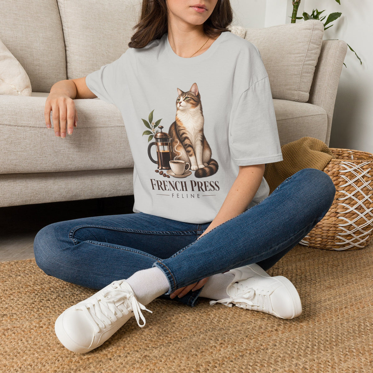 Cat & French Press T-Shirt — Cozy Coffee Lover Cat Tee