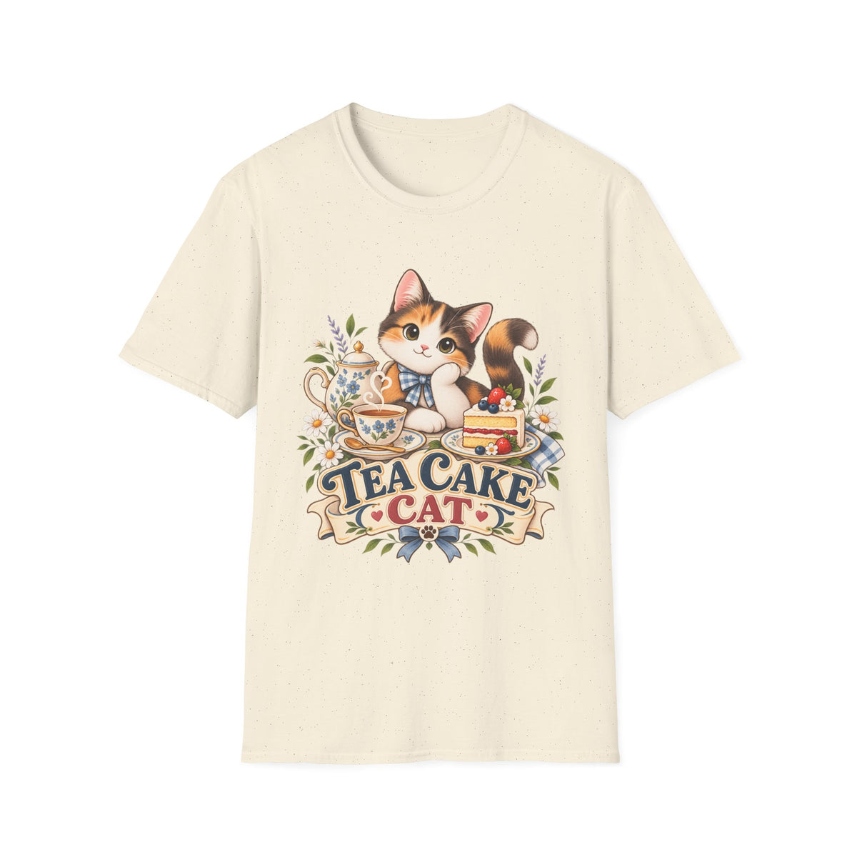 Tea Cake Cat T‑Shirt — Cute Calico Kitten Tea & Cake Graphic Tee