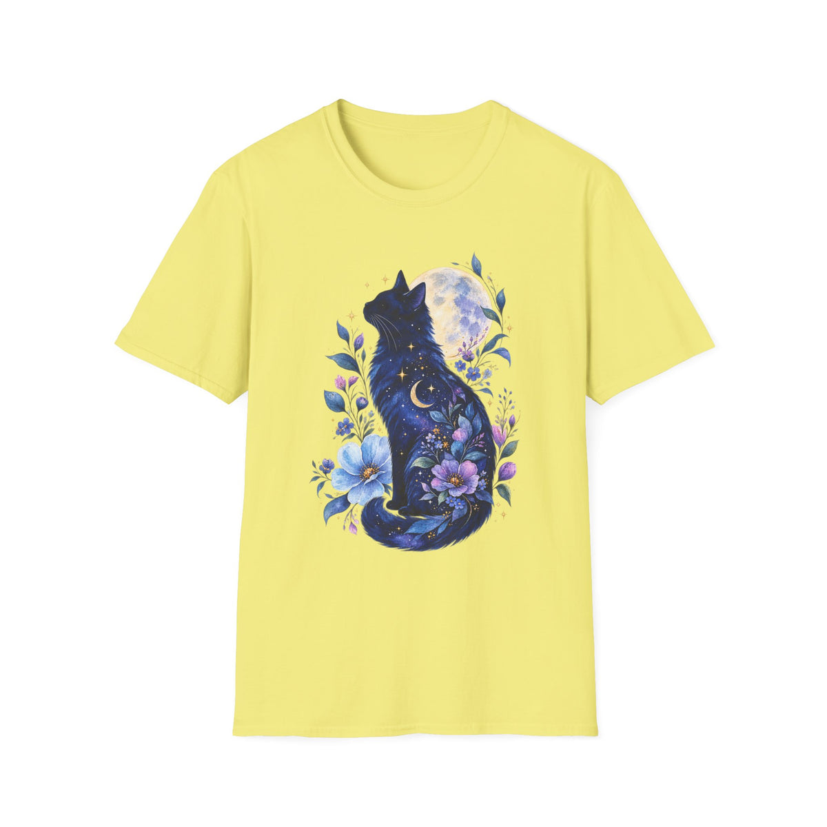 Moonlit Cat T-Shirt — Night Sky Floral Cat Silhouette Tee