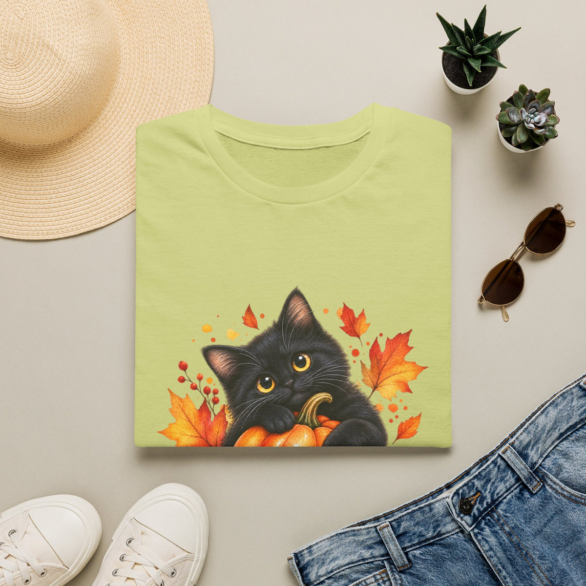 Black Cat Pumpkin T-Shirt — Cute Fall Halloween Tee with Autumn Leaves