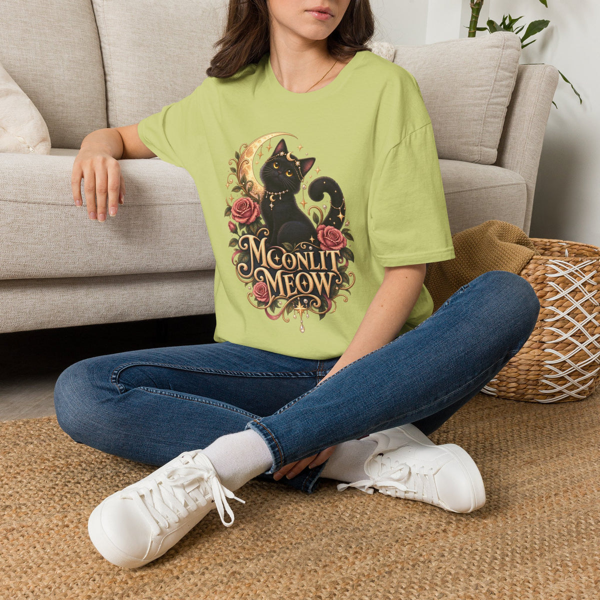Moonlit Meow T-Shirt — Black Cat with Crescent Moon & Roses