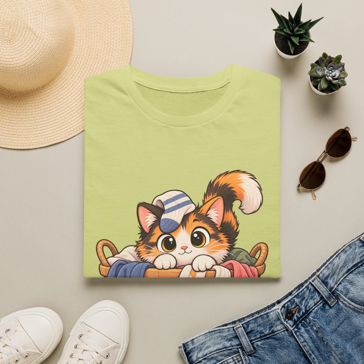 Cute Calico Cat in Laundry Basket T-Shirt